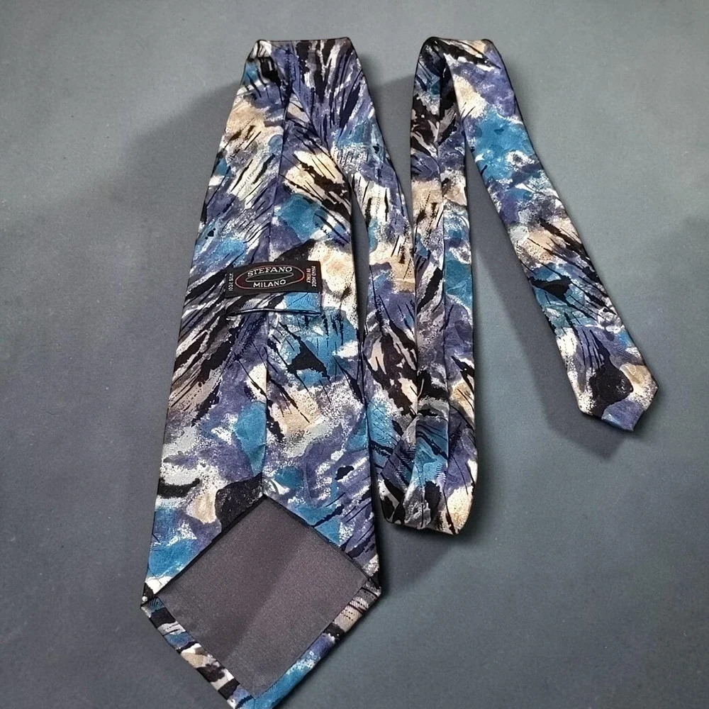 Stefano Milano 100% Silk Tie Vintage Abstract Painterly Pattern Blue Grey Italy‎